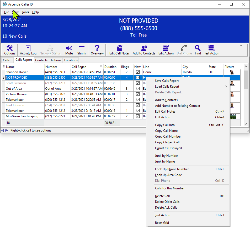 Main Window with call report context menu